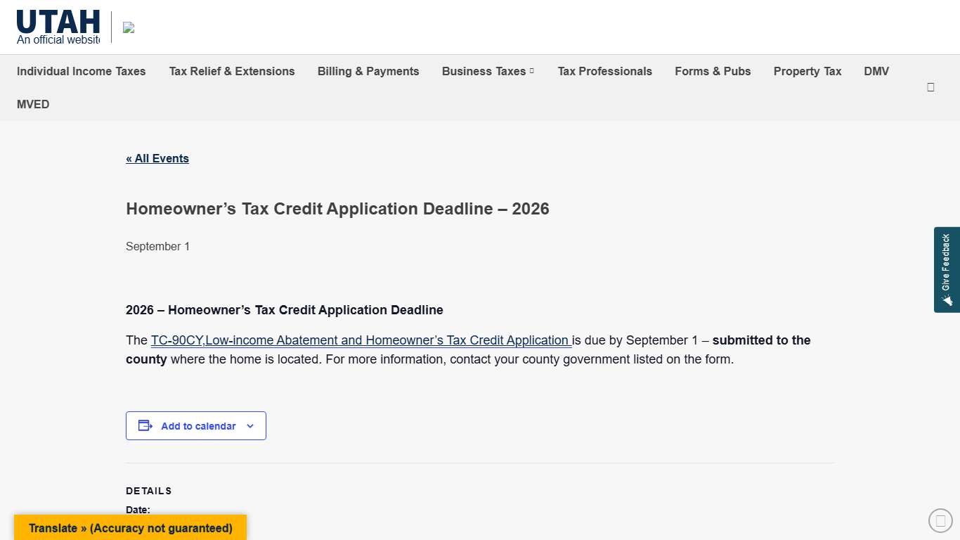 Homeowner’s Tax Credit Application Deadline – 2026 Utah State Tax Commission