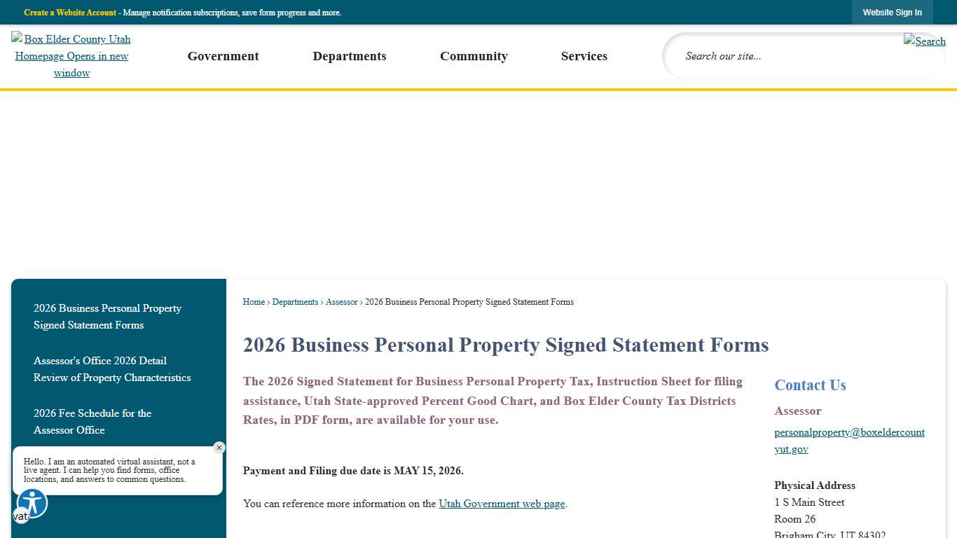2026 Business Personal Property Signed Statement Forms Box Elder County, UT